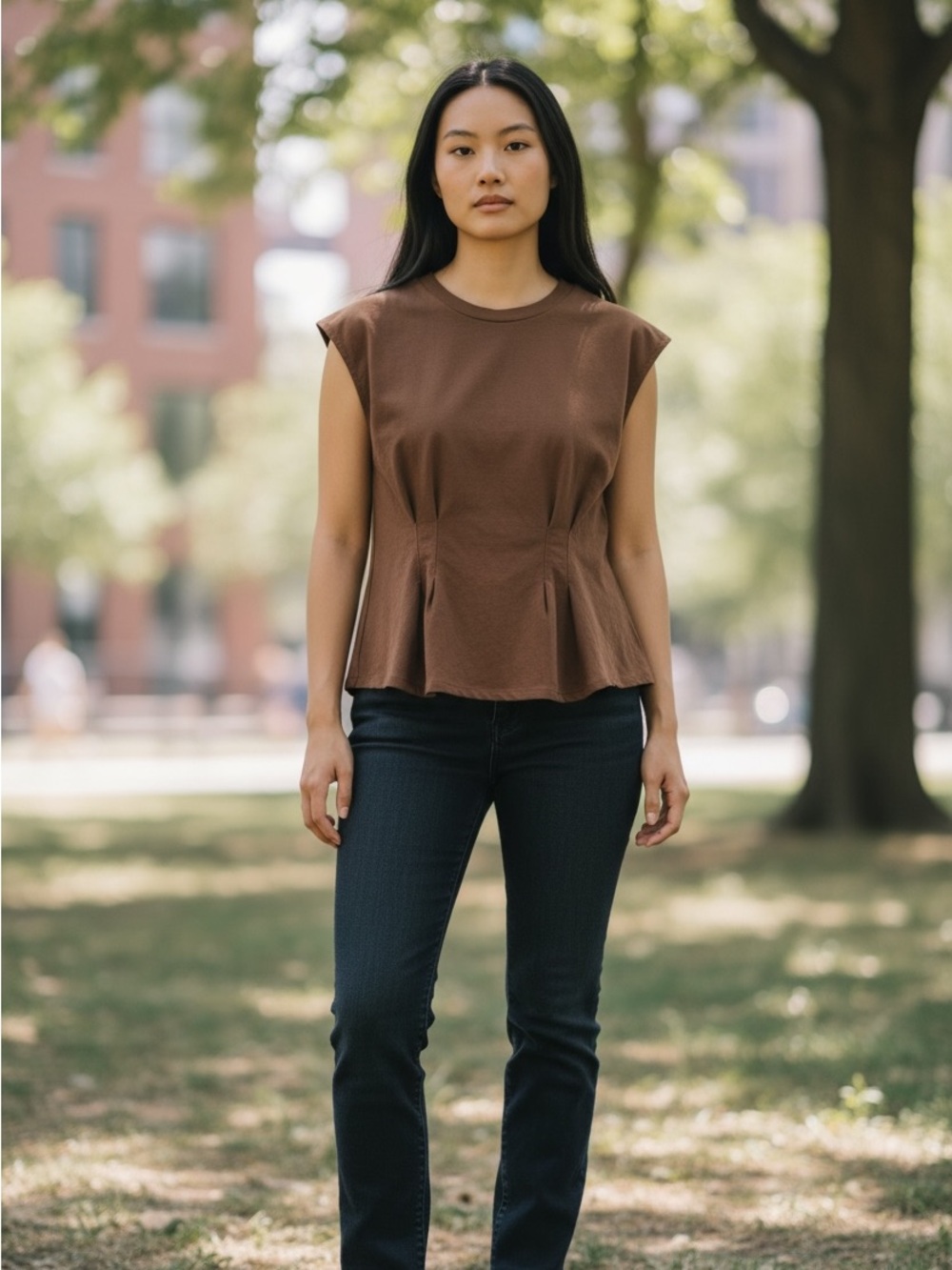 Chocolate Brown Sleeveless Peplum Top - Women's Casual Essential